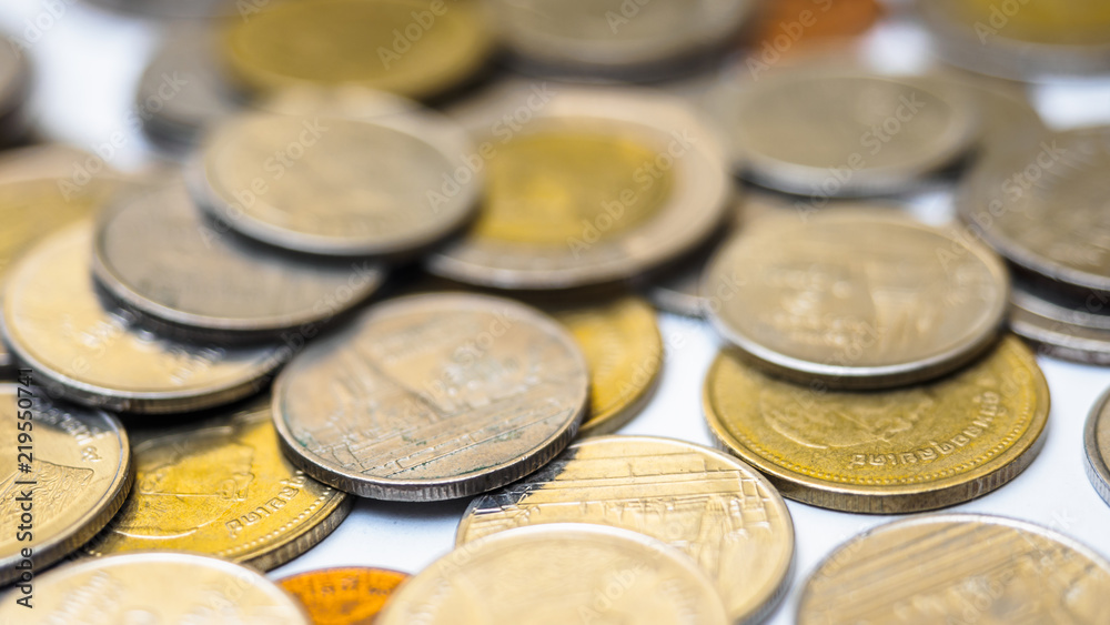 Close up group coin thai bath on white background Close up group coin thai bath on white background