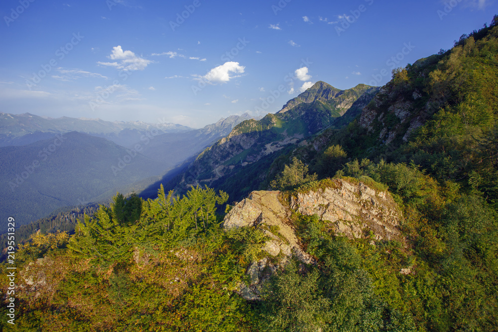 Roza Khutor Plateau Summer Alpine Ski Resort Landscape, Sochi, Russia. Close Up Of Alpine Meadow On A Background Of Caucasian Mountains Roza Khutor Plateau Summer Alpine Ski Resort Landscape, Sochi, Russia. Close Up Of Alpine Meadow On A Background Of Caucasian Mountains