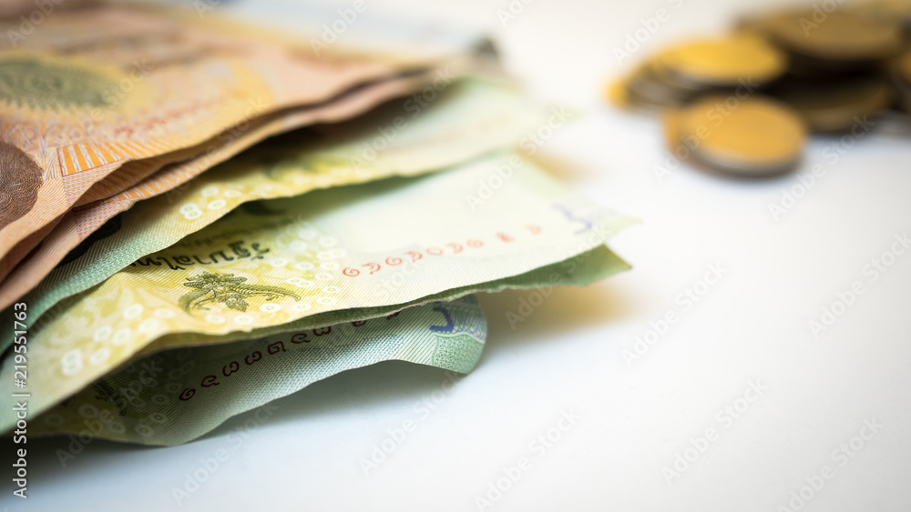 close-up Thai Baht Coins background. Thailand money selective focus