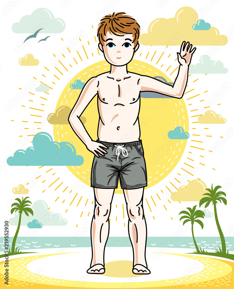 Beautiful happy young teenager boy posing in colorful stylish beach shorts. Vector attractive kid illustration. Childhood lifestyle clip art.