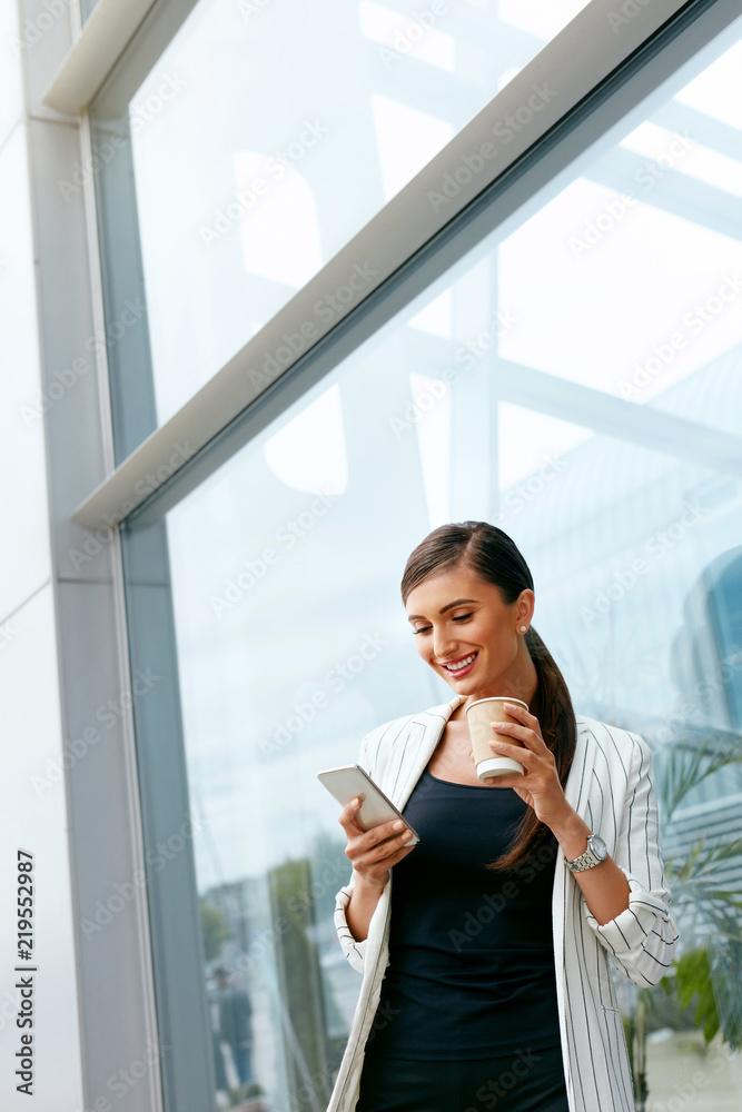 Business Woman With Phone And Coffee Before Work Near Office Business Woman With Phone And Coffee Before Work Near Office
