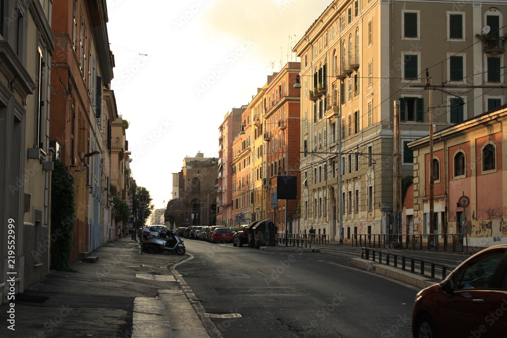 Empty street in Rome in the sunset light, summer, Italy