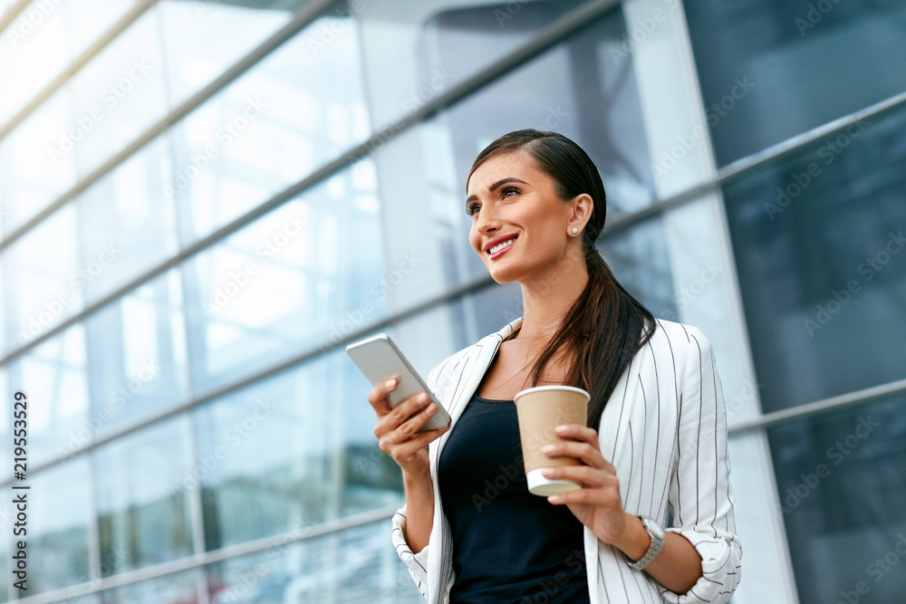 Business Woman With Phone And Coffee Before Work Near Office Business Woman With Phone And Coffee Before Work Near Office