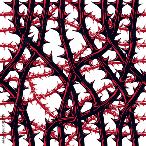Horror art style seamless pattern, vector background. Blackthorn branches with thorns stylish endless illustration. Hard Rock and Heavy metal subculture music textile fashion stylish design.