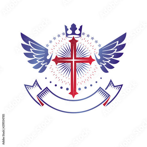 Winged Christian Cross emblem composed with royal crown and luxury ribbon. Heraldic Coat of Arms decorative logo isolated vector illustration. Religion and spirituality theme symbol.