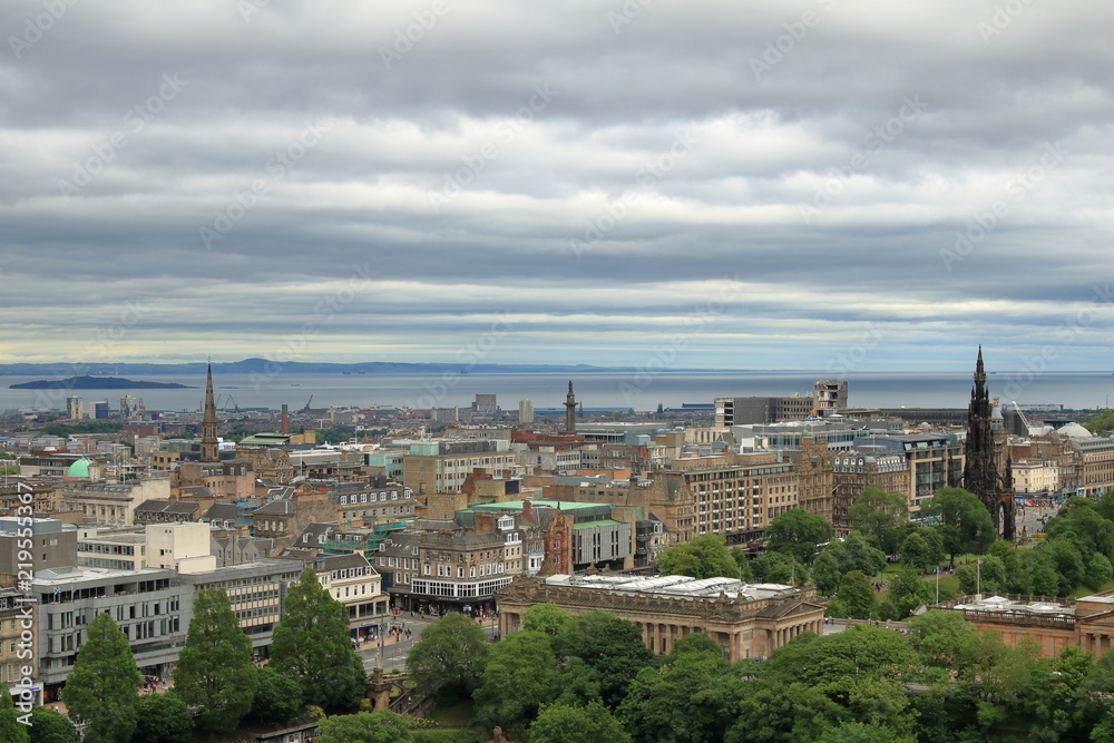 Cityscape of Edinburgh, Scotland, including the Sir Walter Scott monument and The National Gallery of Scotland