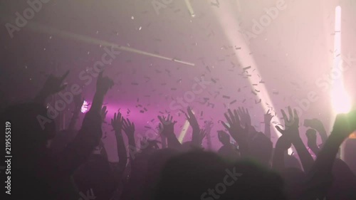 A crowd of people dancing at a music festival. A party in the big hall
