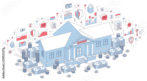 Banking theme cartoon, bank building with dollars and coin stack isolated over white background. 3d vector business isometric illustration with icons, stats charts and design elements.