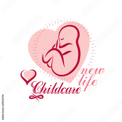 Human fetus hand-drawn vector emblem isolated on white. New life conceptual symbol. Medical center for pregnancy assistance conceptual symbol
