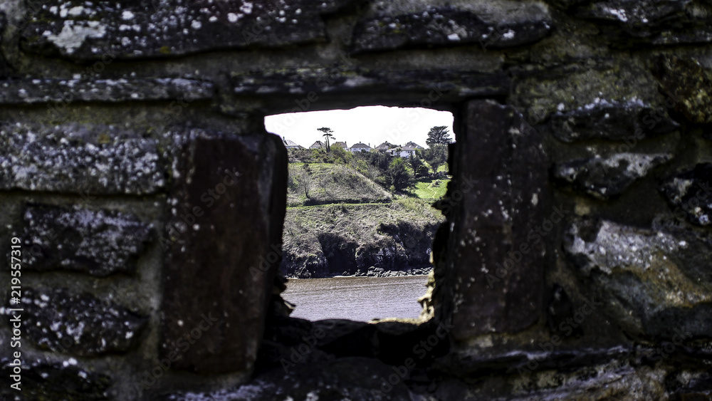 View through castle window across bay