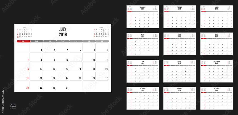 Template design of calendar planner for 2019 year with corporate style. Template design of calendar planner for 2019 year with corporate style.