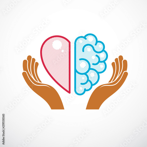 Heart and Brain concept, conflict between emotions and rational thinking, teamwork and balance between soul and intelligence. Vector logo or icon design.