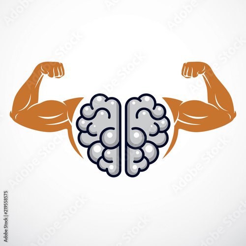 Power Brain emblem, genius concept. Vector design of human anatomical brain with strong bicep hands of bodybuilder. Brain training, grow IQ, mental health.