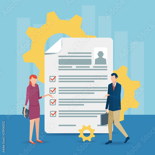 Vector illustration in a flat style. Document with personal data, application for employment, professional resume. Business concept for employment, career choice, job seeker
