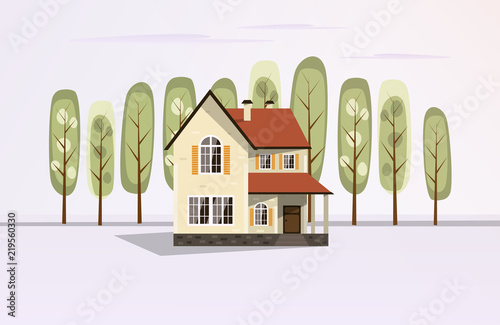 Vector flat illustration. Traditional house far from the city, for your design
