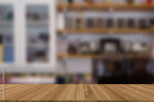kitchen interior blur background with wood table for display product