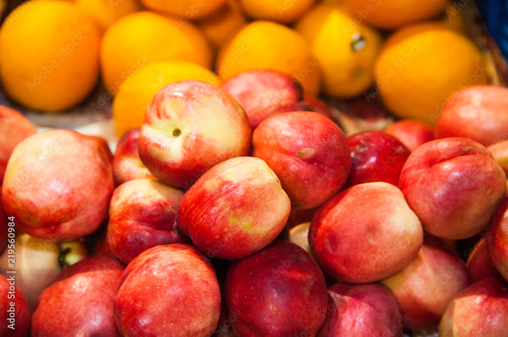 Apples on boxes in supermarket