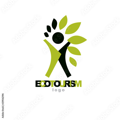 Vector illustration of happy abstract individual with raised hands up. Ecotourism conceptual logo. Environmental conservation theme icon. Green ecology metaphor.