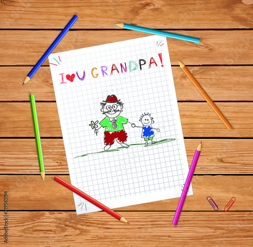 Children colorful illustration with grandpa and grandson together.