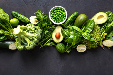 Raw healthy food clean eating vegetables green vegetables top view