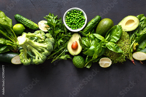 Raw healthy food clean eating vegetables green vegetables top view