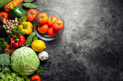Various fresh vegetables organic food for healthy on rustic background with copy space for your text.