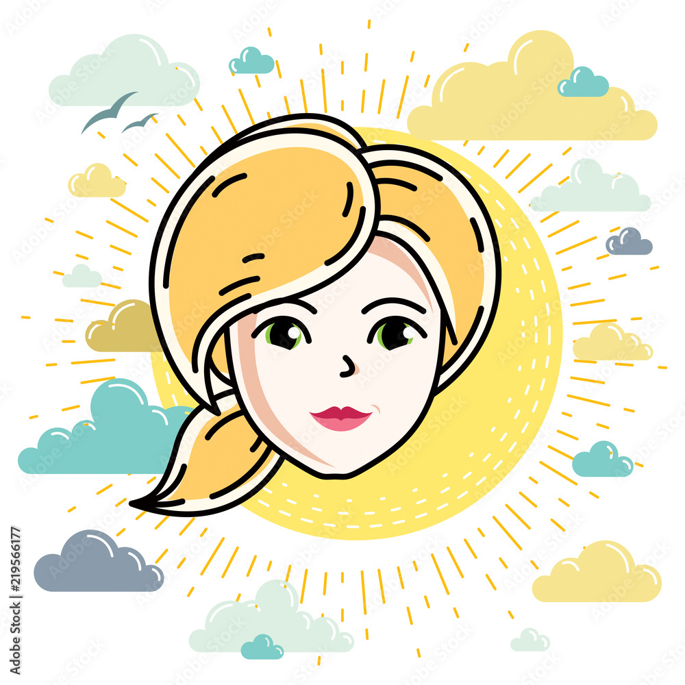 Beautiful women face, human head. Vector character, attractive blonde lady face features.