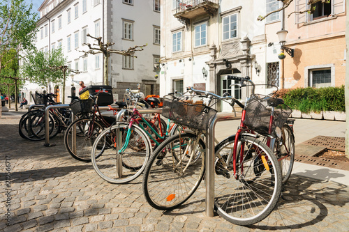 Bicycles parked in Street of Ljubljana in Slovenia