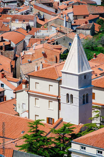 Cityscape with Church tower in Piran in Adriatic Sea Slovenia