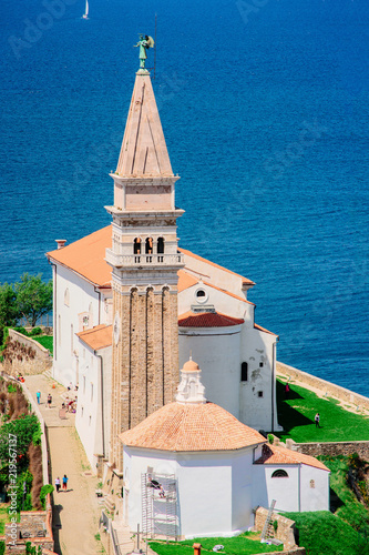 Cityscape with Church tower in Piran at Adriatic Sea Slovenia