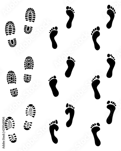 Black prints of human feet and shoes, vector illustration