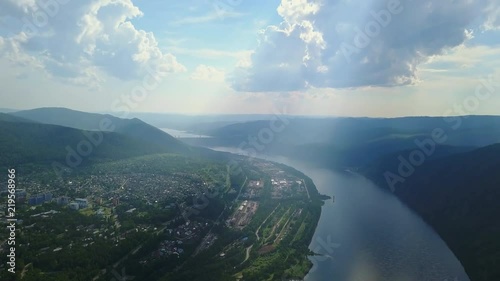 Beautiful drone shot of the city near the Yenisei river