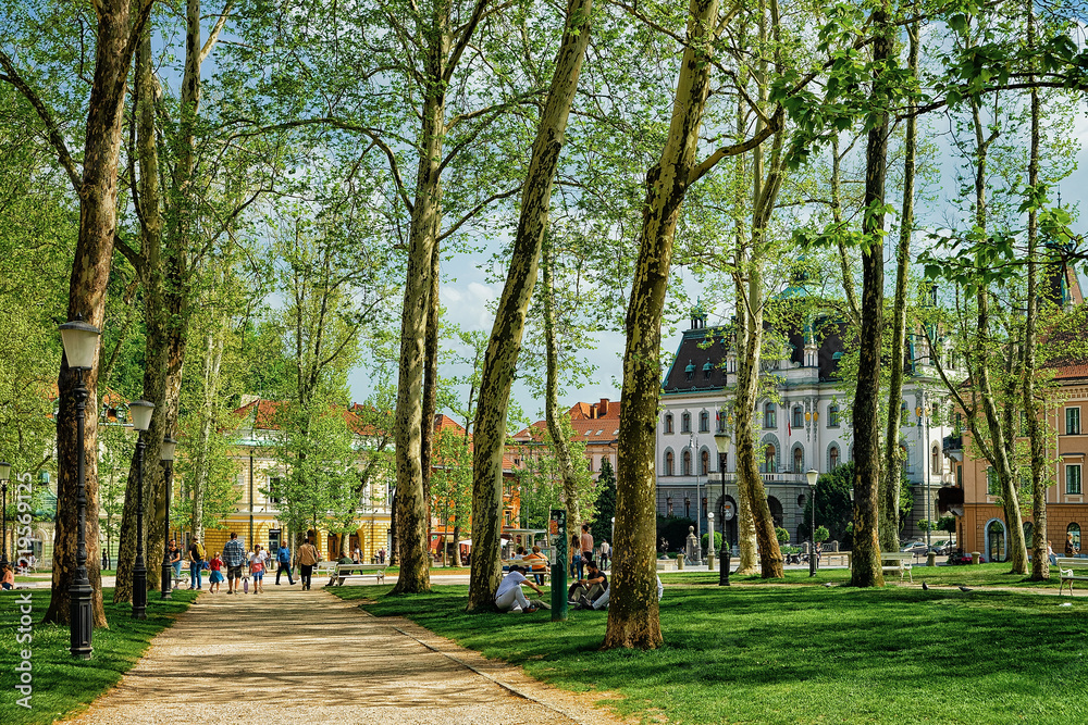 People in park Congress Square in historical center Ljubljana