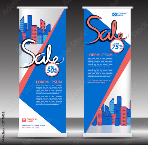 Roll up banner template, stand design, Pull up, display, advertisement, business flyer, poster, presentation, corporate, web banner layout, blue modern creative concept, city vector illustration