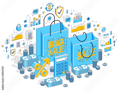 Big Sale concept, Retail, Sellout, Shopping Bag with cash money stacks isolated on white background. Vector 3d isometric business illustration with icons, stats charts and design elements.