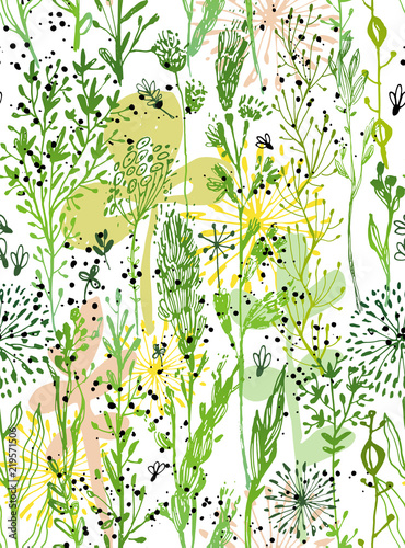 Seamless trendy pattern green grass and dandelions. Vector botanical illustra...