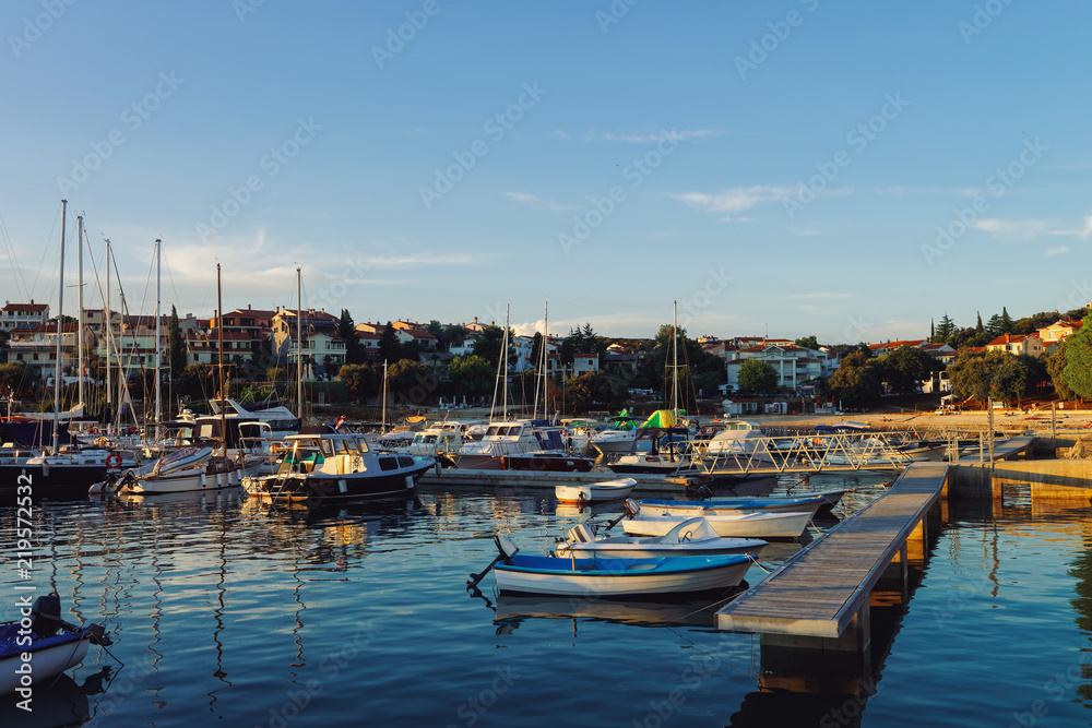 Marina with boats at Adriatic Sea in Pula Croatia sunset