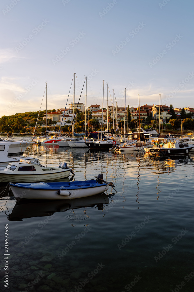 Marina with boats in Adriatic Sea in Pula Croatia sunset