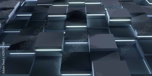 Futuristic 3d render illustration technology background. Abstract structure with glowing cubes.