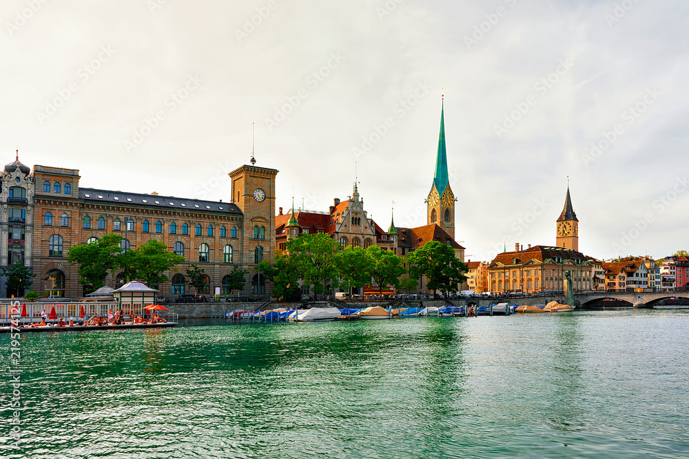 Fototapeta premium St Peter and Fraumunster Church Limmat River Zurich Switzerland CH
