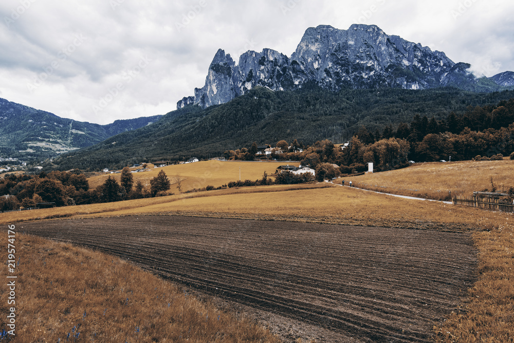 View over Seiser Alm meadow at autumn