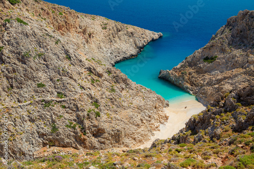 Secret beach on remote island. Rizoskloko, Crete Island, Greece. Seitan Limani photo