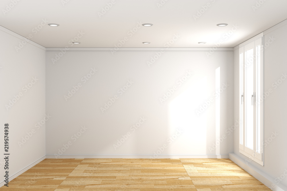 Obraz premium empty room interior with wooden floor on white wall background. 3D rendering