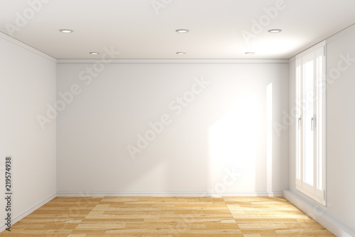 empty room interior with wooden floor on white wall background. 3D rendering