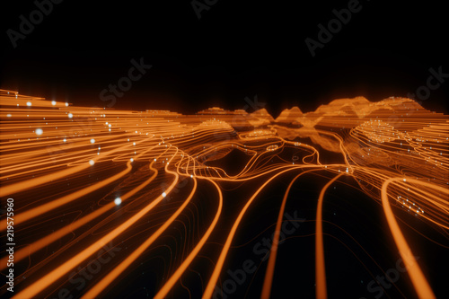 3D Topographic map background concept. Topo contour map. 3d rendering abstract illustration. Valleys and mountains. Geography concept. Wavy backdrop. Space surface.