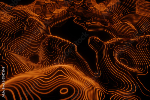 3D Topographic map background concept. Topo contour map. 3d rendering abstract illustration. Valleys and mountains. Geography concept. Wavy backdrop. Space surface.