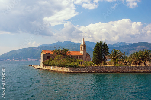 Summer Mediterranean landscape. Montenegro, Adriatic Sea. View of  Bay of Kotor and Island of Our Lady of Mercy ( Gospa od Milosrda  ) photo