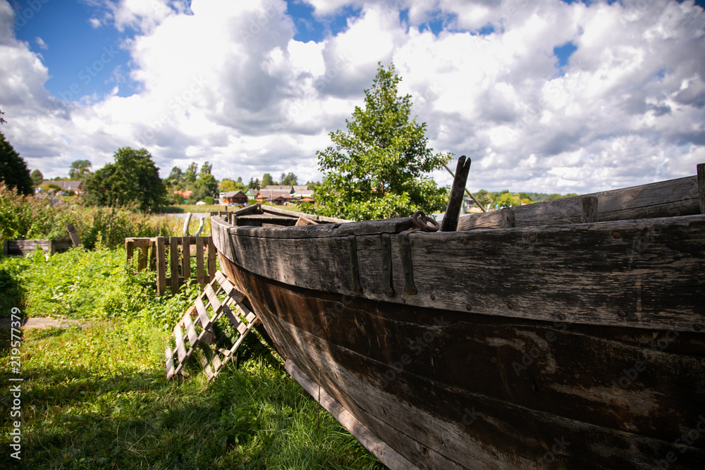 Trakai Island Castle in Lithuania. Old fisherman's boat on the side of lake