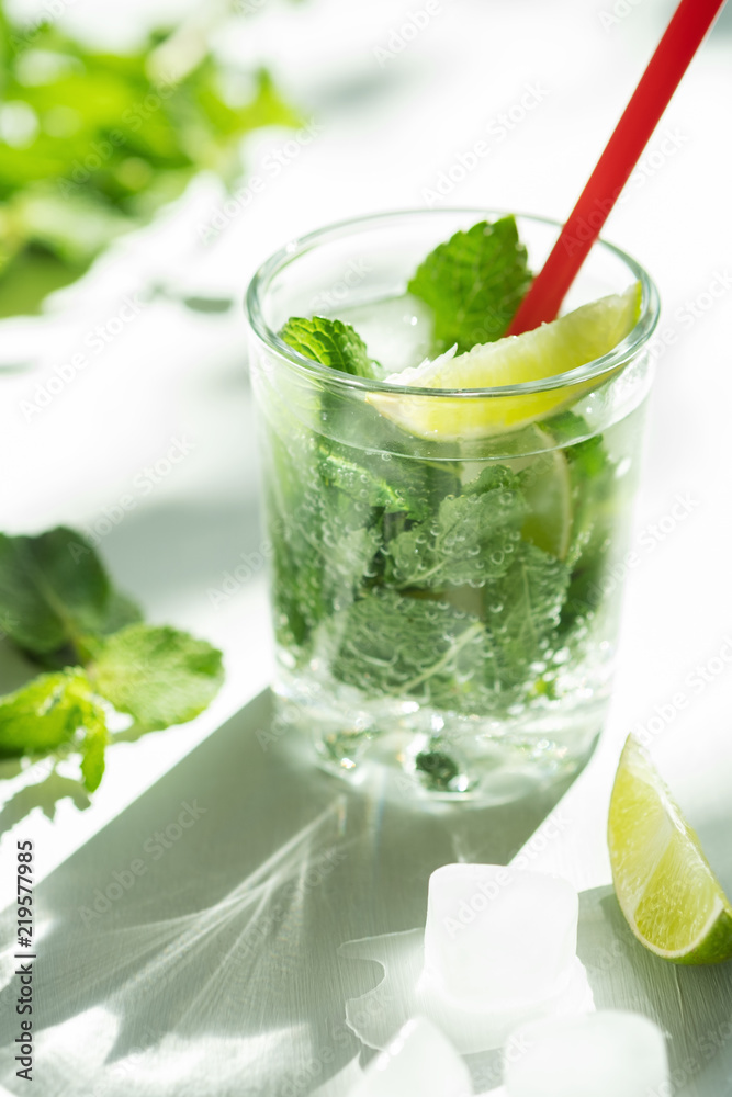Fototapeta premium Cold refreshing summer Mojito lemonade in a glass on a white background. Lime, mint, ice.