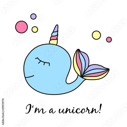 Cute whale unicorn with writing. Hand drawn illustration vector.